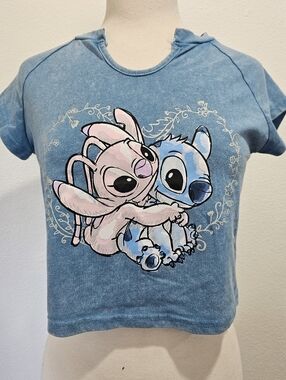 Disney Blue Tee with Stitch and Angel Graphic